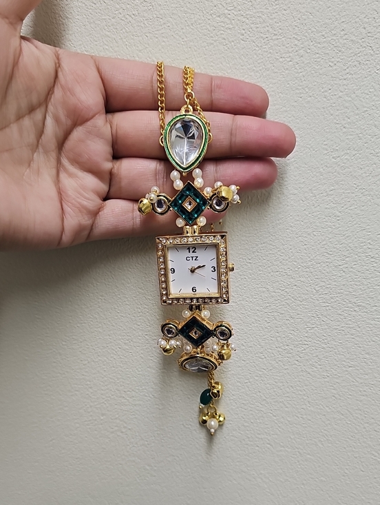 Accessories - CTZ Gold-tone Pendant Watch Necklace with Green & White Accents